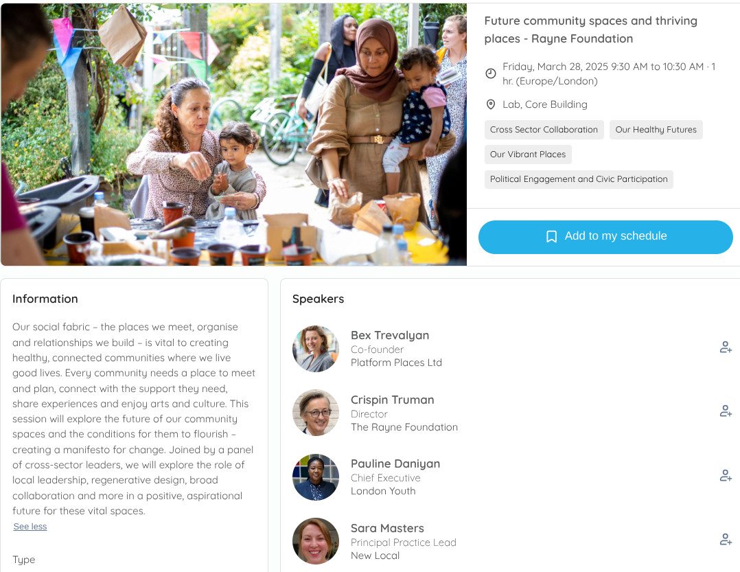 Every community needs a place to meet, share experiences, build connections and access support.  

We’re excited to join <a href="/RayneFoundation/">The Rayne Foundation</a> <a href="/platformplaces/">Platform Places</a> &amp; <a href="/LondonYouth/">London Youth</a> next week for this #Anthropy25 panel on the future of community spaces 🌟   

<a href="/AnthropyUK/">Anthropy</a>