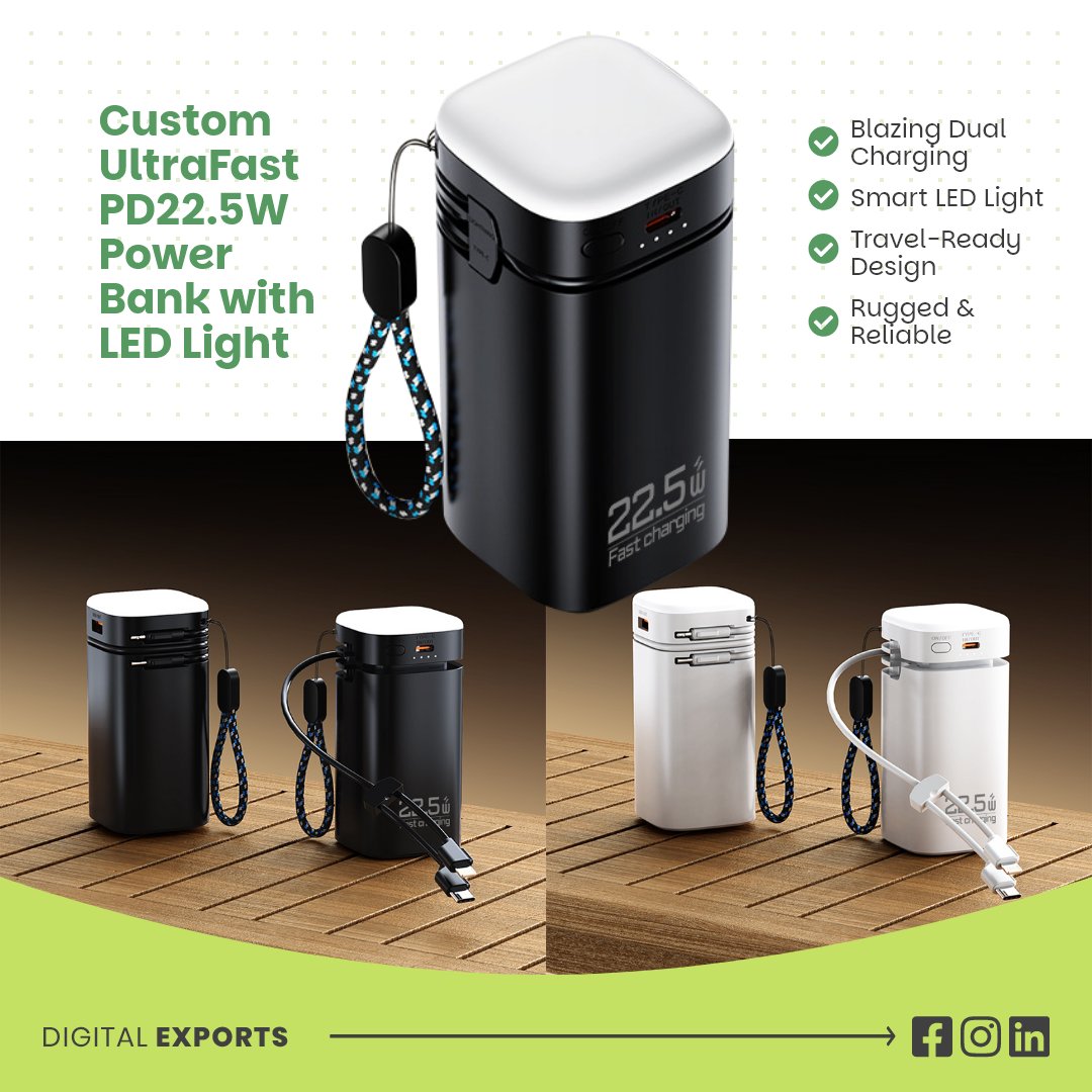 Digital_Exports's tweet image. 🔋✈️ “Adventure doesn’t stop—and neither does your battery! Dual PD22.5W charging + LED light = your new travel essential. 🌍✨
#StayPowered #TravelTech #ChargeOnTheGo