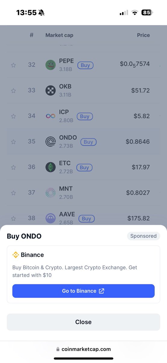🚨Coinmarketcap added the buy button on binance for $Ondo

Binance owns coinmarketcap so it looks like they’re preparing to announce $Ondo listing to Binance 👌