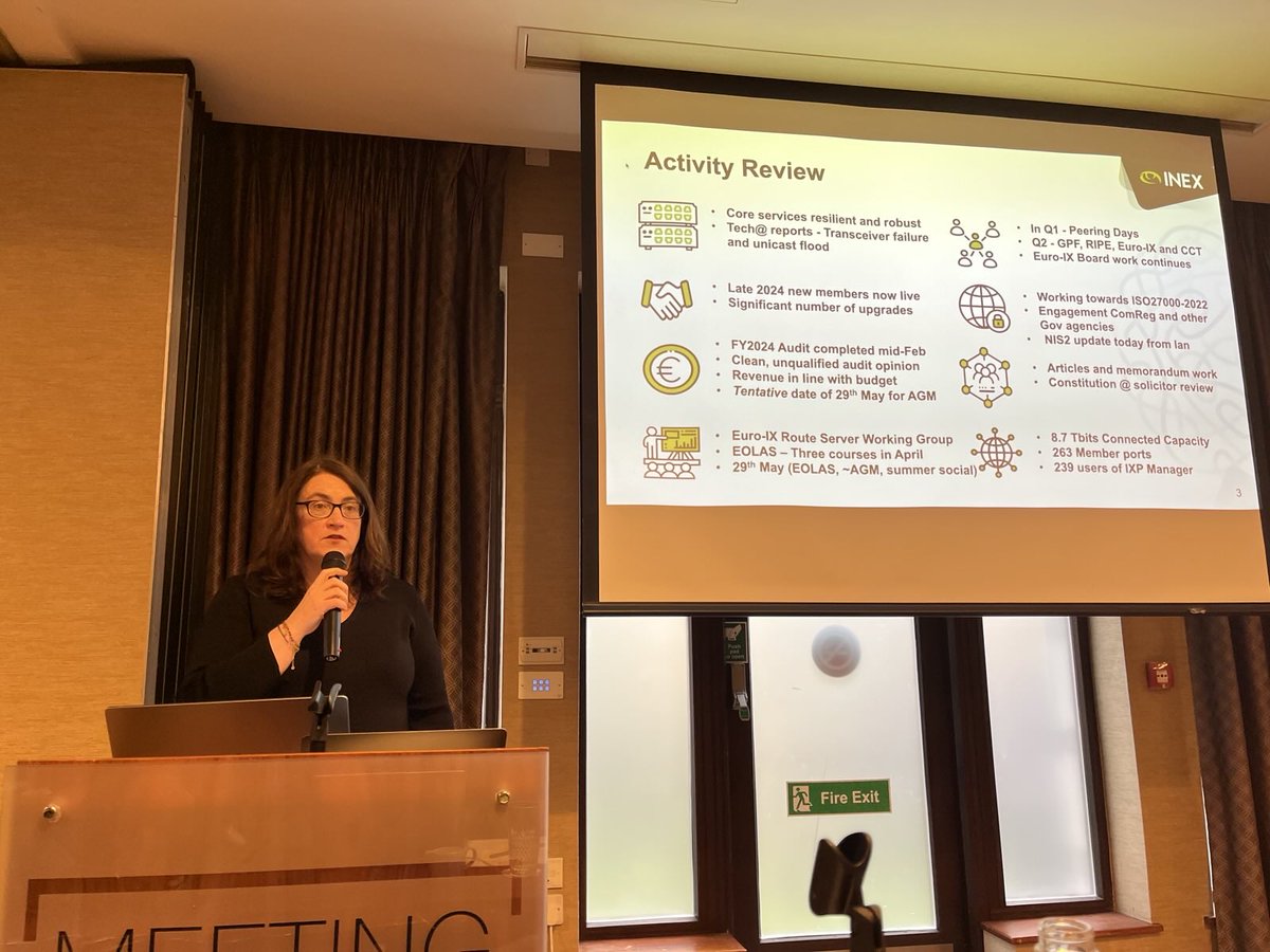Today's <a href="/ComePeerWithMe/">INEX</a> member’s meeting kick starts now with a presentation from our CEO <a href="/lileeny/">Eileen Gallagher</a> speaking about INEX activity since the start of the year; significant member upgrades and FY2024 audit clean and complete some of the highlights.
#peeringisgoodforus #inexmeeting