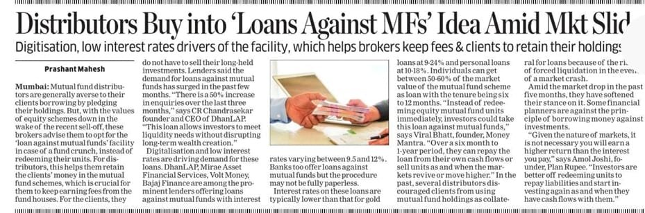 Amol Joshi (@amolplanrupee) on Twitter photo Distributors buy into 'loans against MFs' idea amid market slide; by <a href="/PrashantmET/">Prashant Mahesh</a> in <a href="/EconomicTimes/">Economic Times</a>
- MFDs are generally averse to their clients borrowing by pledging their holdings
- Current situation
- To opt or not, points to consider
& My views... Distributors buy into 'loans against MFs' idea amid market slide; by <a href="/PrashantmET/">Prashant Mahesh</a> in <a href="/EconomicTimes/">Economic Times</a>
- MFDs are generally averse to their clients borrowing by pledging their holdings
- Current situation
- To opt or not, points to consider
& My views...