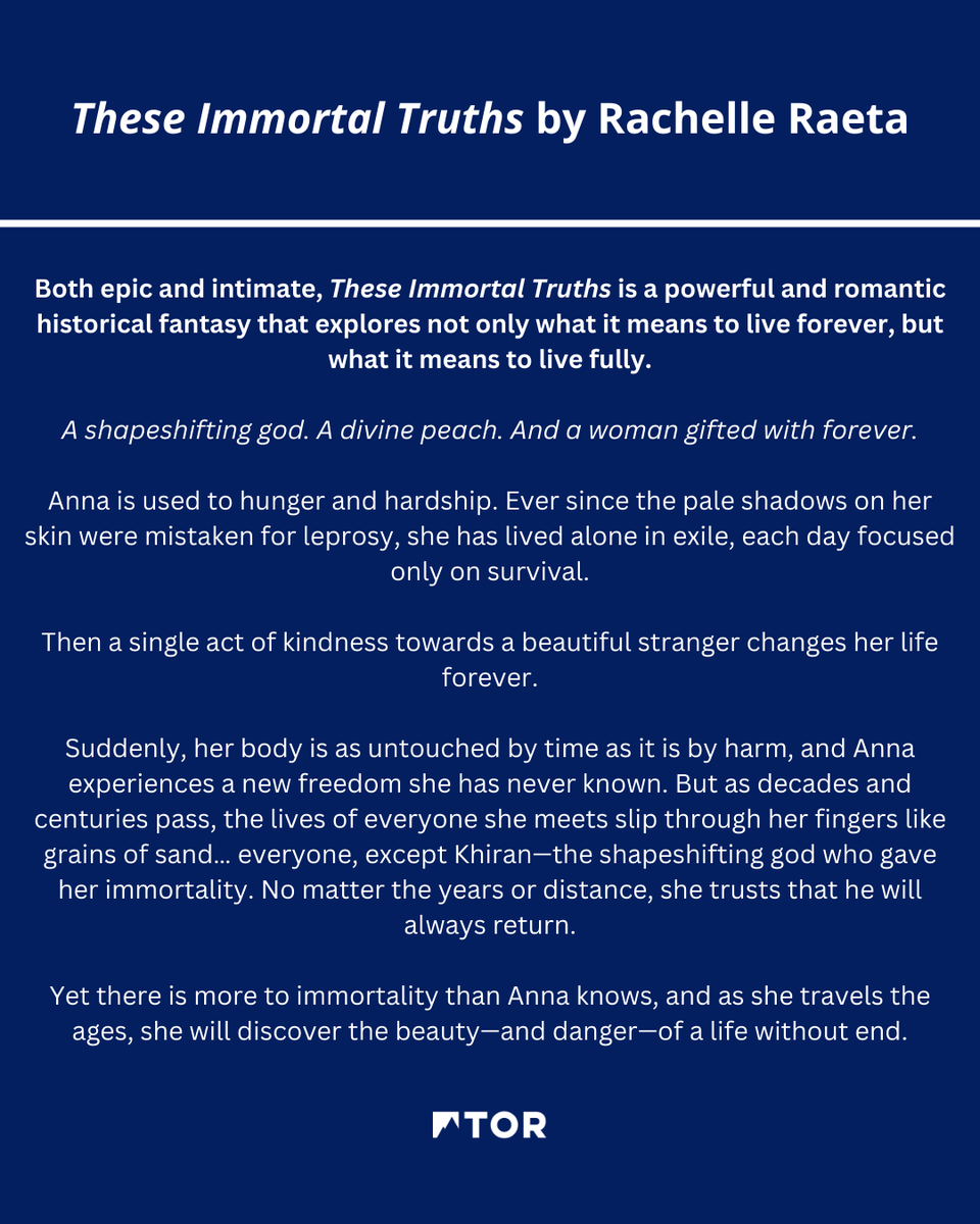 📖✨ Big news!

We're thrilled to announce our acquisition of Rachelle Raeta’s #TheseImmortalTruths and #TheseGodlyLies!

A shapeshifting god. A divine peach. And a woman gifted with forever.

Anna has spent her life in exile, focused on only survival until a single act of