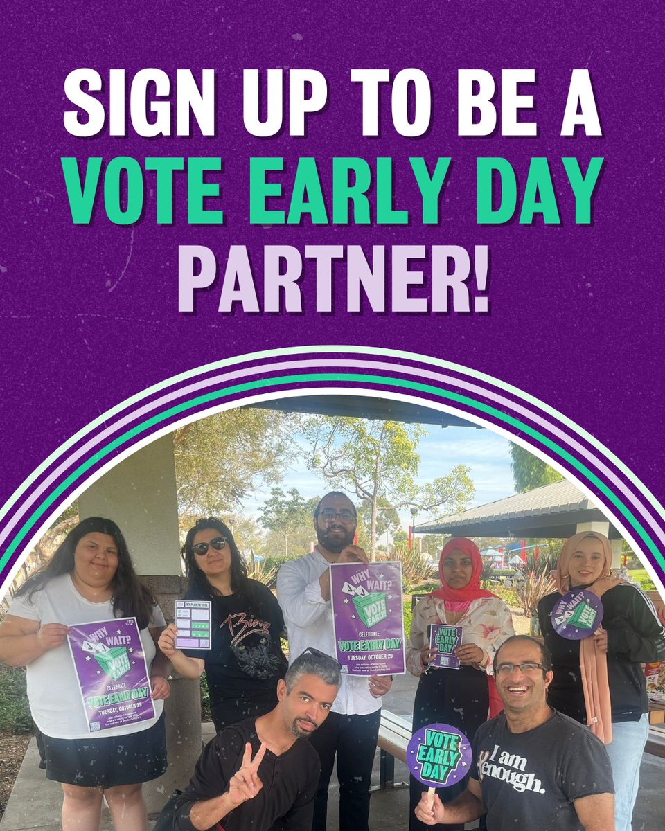 Partner registration for #Vote Early Day 2025 is now open! Join the movement! 🚀

Becoming a #VoteEarlyDay partner means empowering voters, engaging your #community, and helping make early voting more accessible nationwide. 🗳️

Learn more by visiting VoteEarlyDay.org!