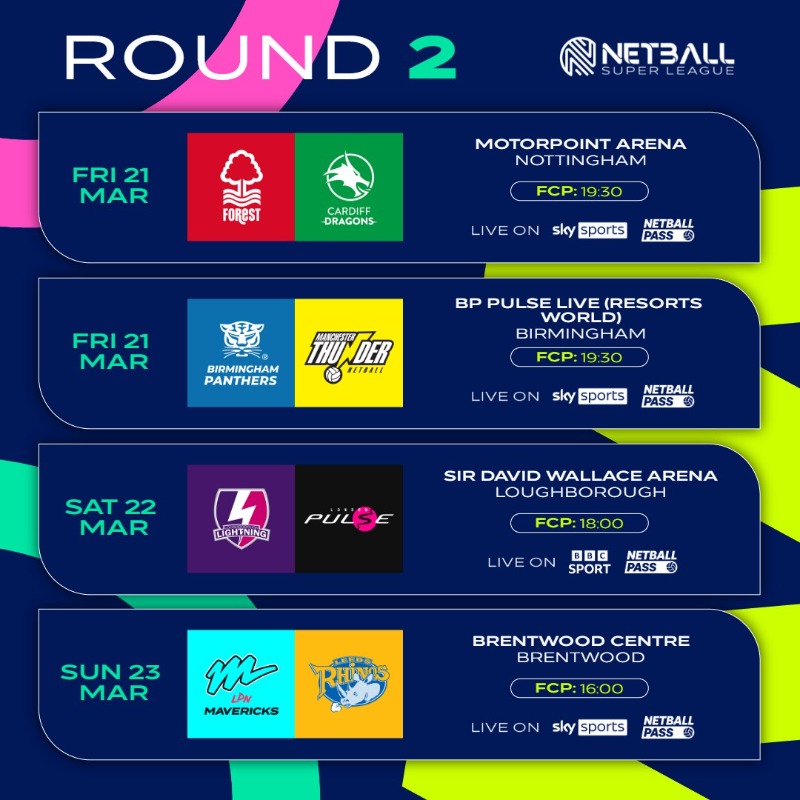 NetballSL's tweet photo. Home debuts on Friday, round one winners going head-to-head on Saturday and Sunday 🤩 

Round two of #NSL2025 gets underway tomorrow 🔜 

 Watch live across @BBCSport and @SkySports (UK), and NetballPass (international) 📹
