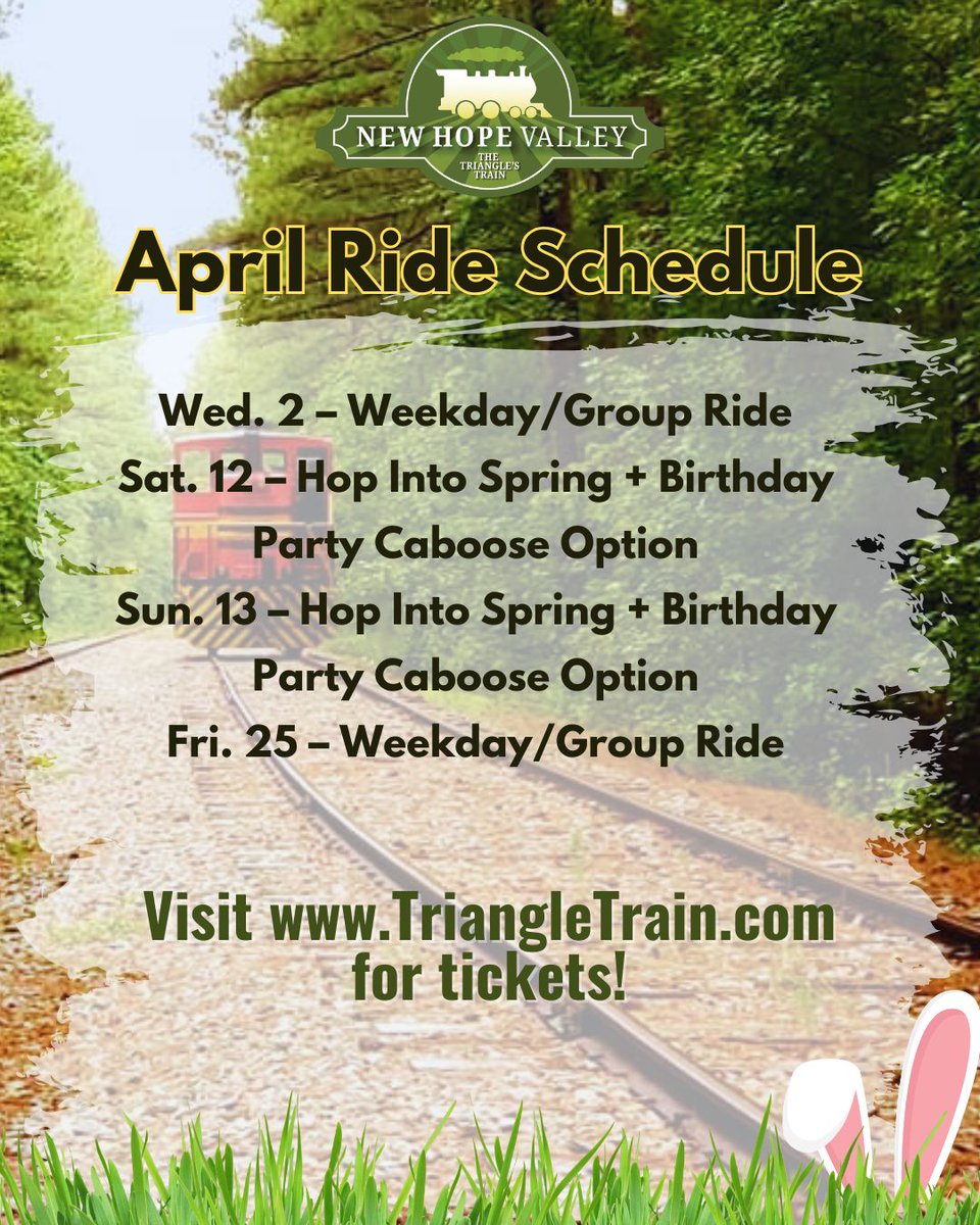 Triangle_Train's tweet image. Happy Spring Equinox! Hop into Spring with our April train ride schedule. There's a train-load of fun planned. Visit our website for tickets, ride times and details. #FirstDayOfSpring #HopIntoSpring #SpringEquinox #Trains #NewHopeValleyRailway #TriangleTrain #Springtime #NHVR