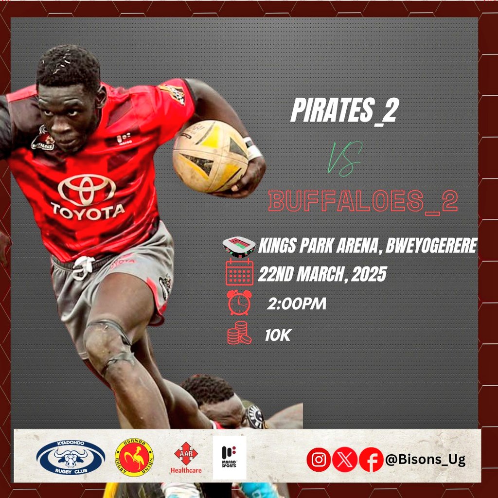 @Bisons (@bisons_ug) on Twitter photo We are on a move to KPA in Wakiso district, Kyadondo East, to take on the <a href="/piratesrugbyUG/">PIRATES RUGBY</a> 2 this weekend!
Kujja twendde na raw n ngumu!!
#ToyotaBuffaloes
#BuffaloSoldiers
#HarderStrongerForLonger
#OneTeamOneSpiritOneWin We are on a move to KPA in Wakiso district, Kyadondo East, to take on the <a href="/piratesrugbyUG/">PIRATES RUGBY</a> 2 this weekend!
Kujja twendde na raw n ngumu!!
#ToyotaBuffaloes
#BuffaloSoldiers
#HarderStrongerForLonger
#OneTeamOneSpiritOneWin