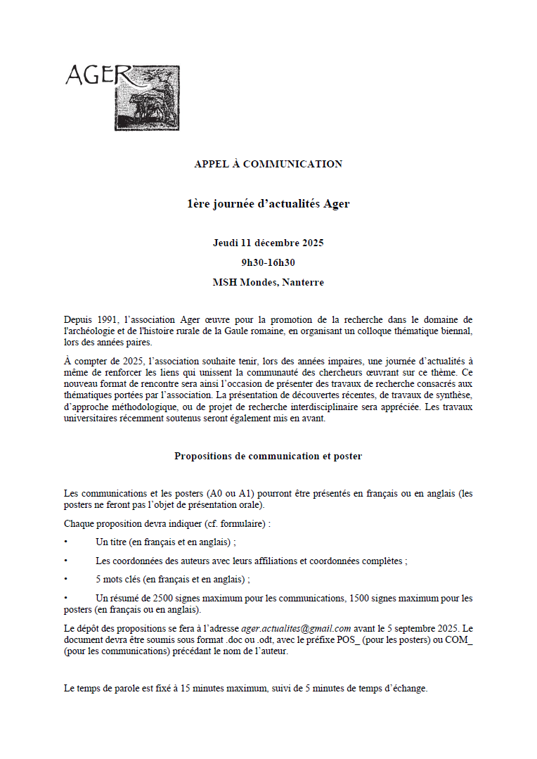 AgerAssociation's tweet photo. [Appel à communications] 1ère journée d’actualités AGER, jeudi 11 décembre 2025, 9h30-16h30, MSH Mondes, Nanterre
https://t.co/dKdtmgx97t
#archéologie https://t.co/dXoJdZvFMr