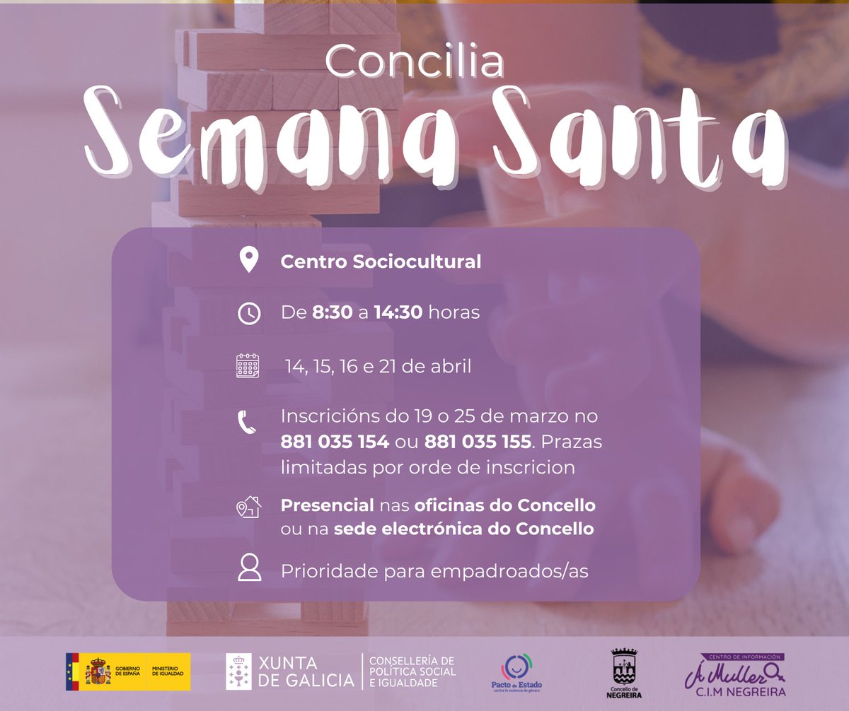 Aberta a inscrición do Concilia "Semana Santa"

concellodenegreira.gal/gl/novas/abert…