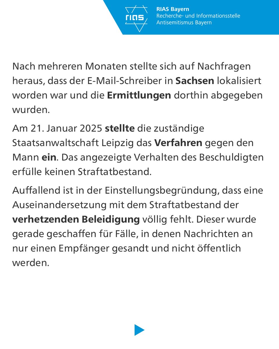Recherche-& Informationsstelle Antisemitismus RIAS (@report_antisem) on Twitter photo Meldung: Ein Mann aus #Sachsen schreibt seit Herbst 2023 unaufhörlich antisem. E-Mails an den Münchner Historiker <a href="/M_Wolffsohn/">Michael Wolffsohn</a>. RIAS #Bayern sind 34 Emails allein von diesem Schreiber, der mit vollem Klarnamen zeichnet, bekannt.
#Antisemitismus
Mehr unter: facebook.com/RIASBayern/pos… Meldung: Ein Mann aus #Sachsen schreibt seit Herbst 2023 unaufhörlich antisem. E-Mails an den Münchner Historiker <a href="/M_Wolffsohn/">Michael Wolffsohn</a>. RIAS #Bayern sind 34 Emails allein von diesem Schreiber, der mit vollem Klarnamen zeichnet, bekannt.
#Antisemitismus
Mehr unter: facebook.com/RIASBayern/pos…