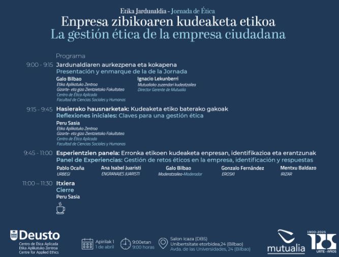 🌍✨El 1/04 participamos en la jornada 'La gestión ética de la empresa ciudadana', organizada por <a href="/deusto/">Universidad Deusto - Deustuko Unibertsitatea</a>. 

Nuestro director Pablo Ocaña estará en la mesa de Gestión de Experiencias.

🔗Inscripciones: forms.office.com/pages/response…

#ÉticaEmpresarial #Sostenibilidad