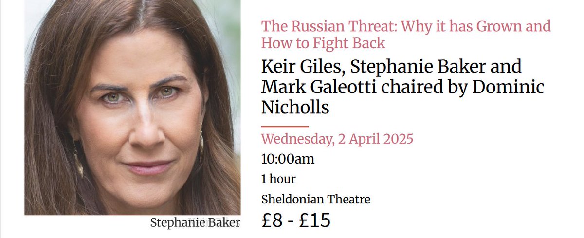 Stephanie Baker (@stephanibaker) on Twitter photo Join me with <a href="/MarkGaleotti/">Mark Galeotti</a> <a href="/KeirGiles/">Keir Giles</a> and <a href="/DomNicholls/">Dom Nicholls</a> at the Oxford Literary Festival on 2 April to talk about all things Russia and the future of Ukraine <a href="/oxfordlitfest/">OxfordLitFest</a> oxfordliteraryfestival.org/literature-eve… Join me with <a href="/MarkGaleotti/">Mark Galeotti</a> <a href="/KeirGiles/">Keir Giles</a> and <a href="/DomNicholls/">Dom Nicholls</a> at the Oxford Literary Festival on 2 April to talk about all things Russia and the future of Ukraine <a href="/oxfordlitfest/">OxfordLitFest</a> oxfordliteraryfestival.org/literature-eve…