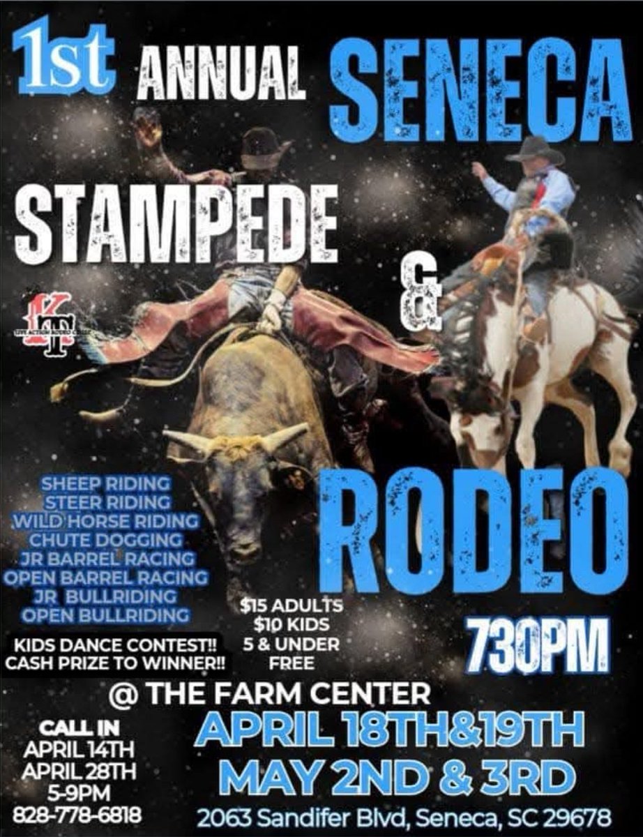 Seneca Stampede &amp; Rodeo Apr 18-19 at The Farm Center in Seneca, SC
#SouthCarolina #Rodeo