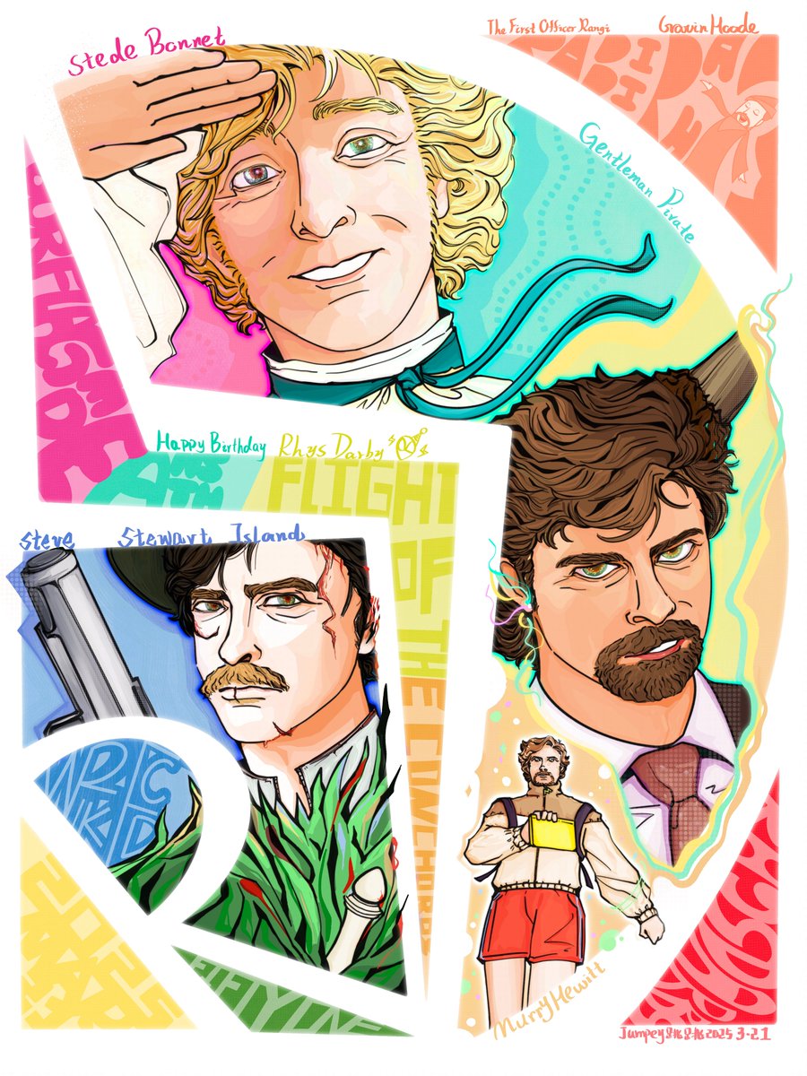 jumpey4's tweet photo. Happy Birthday to #RhysDarby  
#FlightoftheConchords 📓 #MurrayHewitt #OurFlagMeansDeath 🏴‍☠️ #StedeBonnet
#Wrecked ♟️ #StewartIsland
(The entire white border is based on Rhys's  R Lightning D logo. The single character part ,line art
 and inspiration are in the comments section) https://t.co/aB3yyXWqan