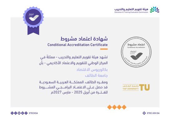 TaifUniversity's tweet photo. ✅ | استمراراً لنجاحات الجامعة في مختلف المجالات العلمية والأكاديمية..
حصلت برامج بكالوريوس المحاسبة، والاقتصاد، ونظم المعلومات الإدارية في #جامعة_الطائف @TaifUniversity على #الاعتماد_البرامجي_المشروط حتى مارس 2027م.

#جامعة_الطائف_التي_نريد 
#قدراتك_مستقبلنا https://t.co/UOe7VxxM4C