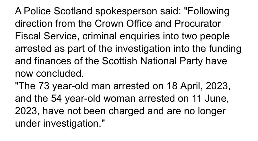 BREAKING: The criminal investigation into former First Minister Nicola Sturgeon has been dropped. Police Scotland says Ms Sturgeon and the SNP’s former treasurer Colin Beattie are no longer under investigation.