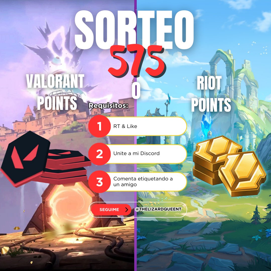 TheLizardQueenT's tweet photo. 🎁SORTEO: VOS ELEGÍS! 🎁
🧧575 VALORANT Points o RIOT Points 🧧

Requisitos:
- RT &amp; Like
- Unirte a mi Discord (link abajo)
- Comentar etiquetando a un amigo

Finaliza el 03/04/2025 ¡Mucha suerte! https://t.co/5rFjyMDCZG
