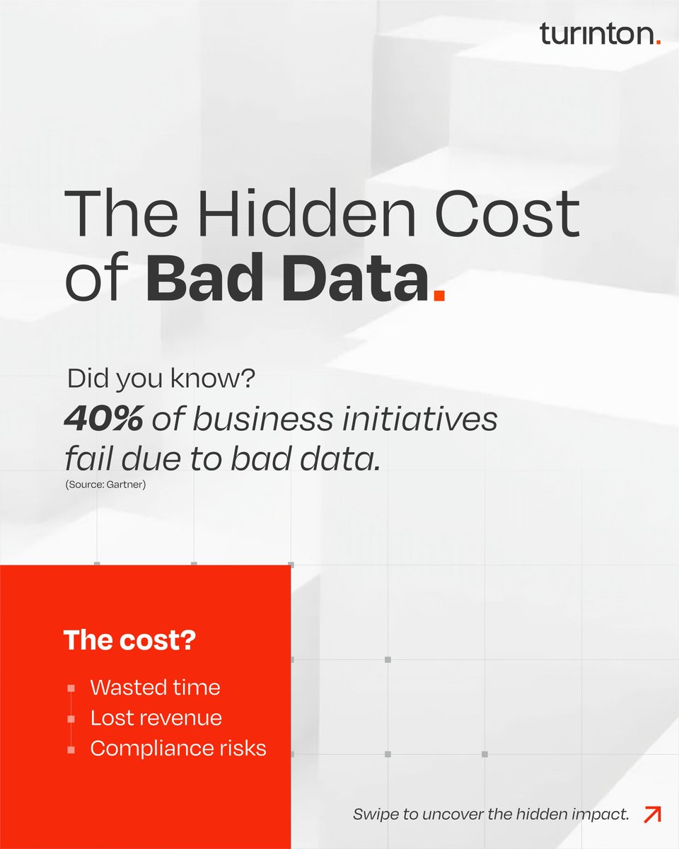turinton's tweet image. 🚨 40% of business initiatives fail due to bad data. Time lost, revenue missed, compliance at risk. What if AI could automate data readiness & eliminate these bottlenecks? The future is here. 👉 turinton.com #AIForData #BusinessEfficiency #TurintonAI
