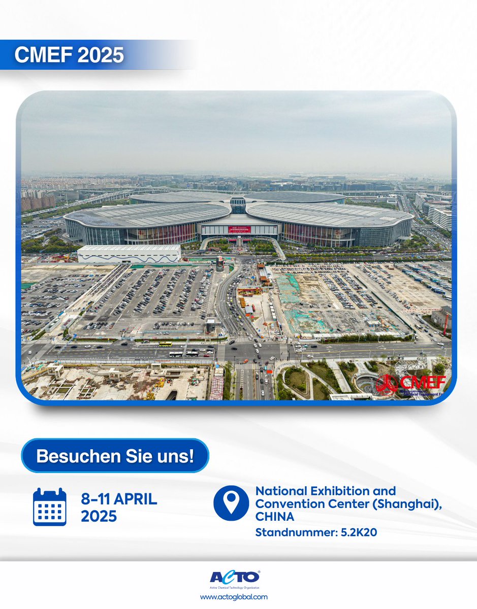 ActoGmbH's tweet photo. Wir freuen uns, unsere Teilnahme an der China International Medical Equipment Fair (CMEF) 2025 bekannt zu geben – eine der größten und einflussreichsten Gesundheitsmessen in Asien. Die Veranstaltung findet vom 8. bis 11. April 2025 in Shanghai, China, statt.  

#CMEF2025 https://t.co/gBFKa1hxBO