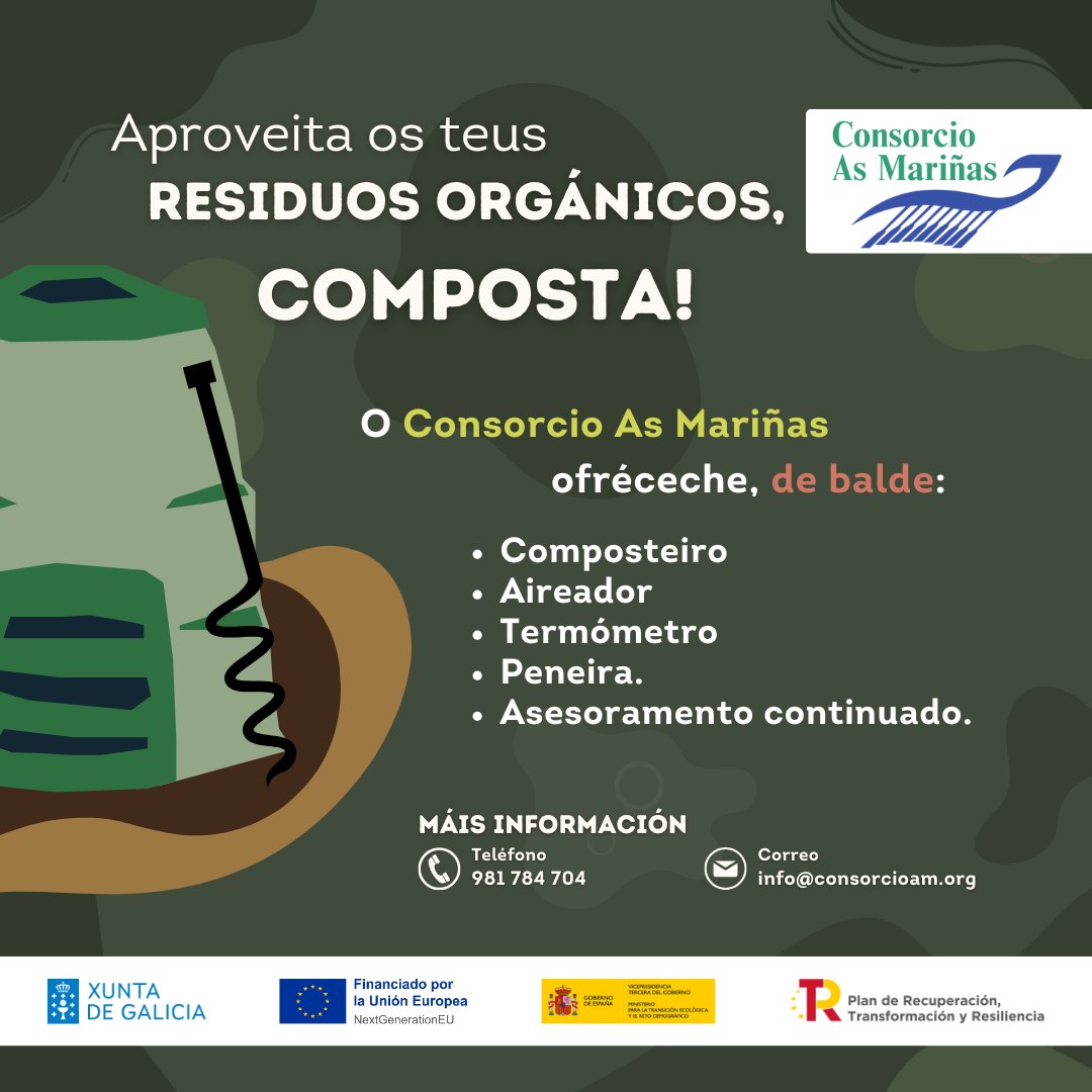 as_marinas's tweet image. 👉 Non perdas esta oportunidade! Fai compostaxe na casa e contribúe a un futuro máis sostible! ♻️🌍#Compostaxe #Biorresiduos #ConsorcioAsMariñas #XuntadeGalicia #NextGenerationEU #MinisterioTransiciónEcológicaYRetoDemográfico #RecuperaciónTransformaciónResiliencia