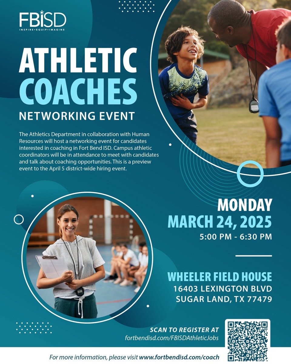🏆 REMINDER: Calling all Coaches! 🏆

Are you ready to make an impact in Fort Bend ISD? Our Athletics Department, in collaboration with Human Resources, is hosting a Coaching Networking Event for those interested in joining our team!

📅 Date: Monday, March 24, 2025
🕔 Time: