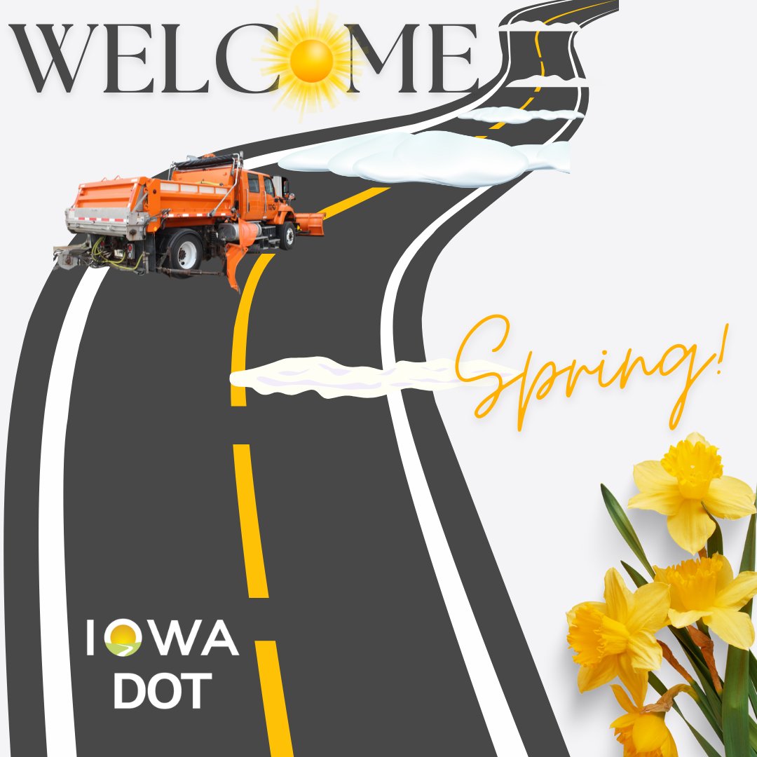 iowadot's tweet photo. Bring on Spring! We're looking forward to getting back to warm temps and putting winter driving and blizzards in the rearview mirror. Be aware that in many areas, DOT snowplow drivers will be out cleaning up stubborn leftovers of yesterday's storm. #Snowfighters #FirstDaySpring https://t.co/PuPswyw9Vk