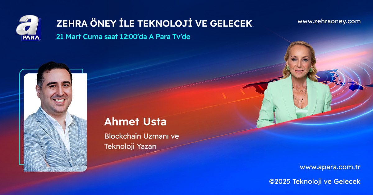 📢 21 Mart saat 12:00'da A Para TV'de Zehra Öney ile Teknoloji ve Gelecek programında canlı yayında buluşuyoruz!

Bu hafta programımda, Tooken Technology Kurucu Ortağı Orkun Bulut ve Blockchain Uzmanı ve Teknoloji Yazarı Ahmet Usta konuk olacak.