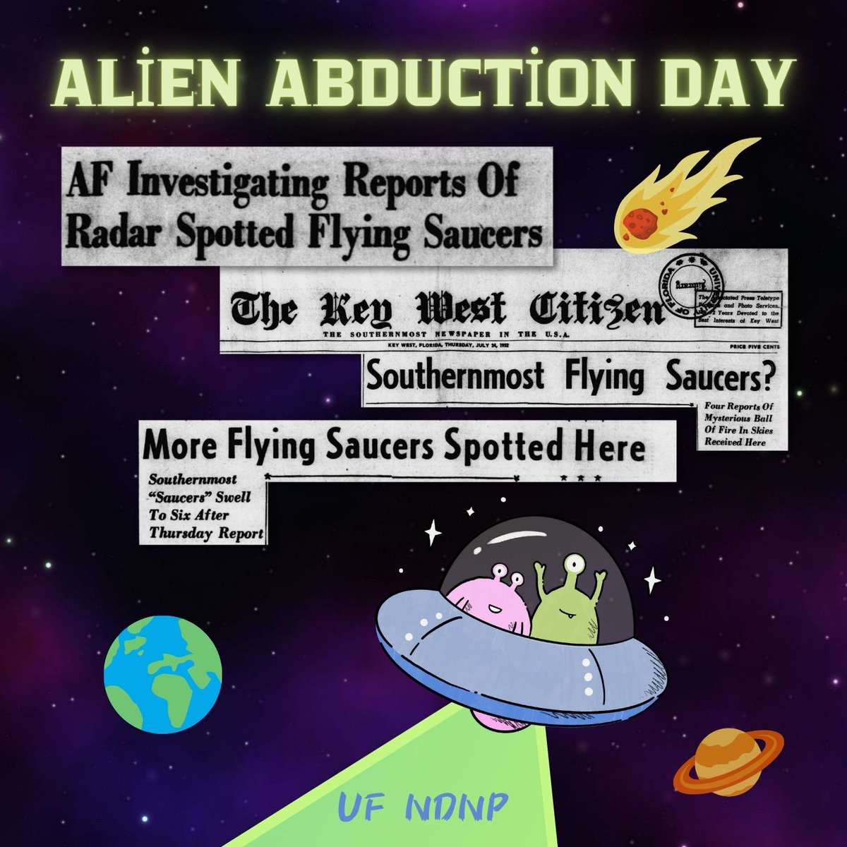 Today is #AlienAbductionDay – Aliens were making headlines 73 years ago when there was a rash of #FlyingSaucer sightings across the U.S.  
bit.ly/NDNP-FS1 bit.ly/NDNP-FS2 bit.ly/NDNP-FS3  
#VintageNewspapers