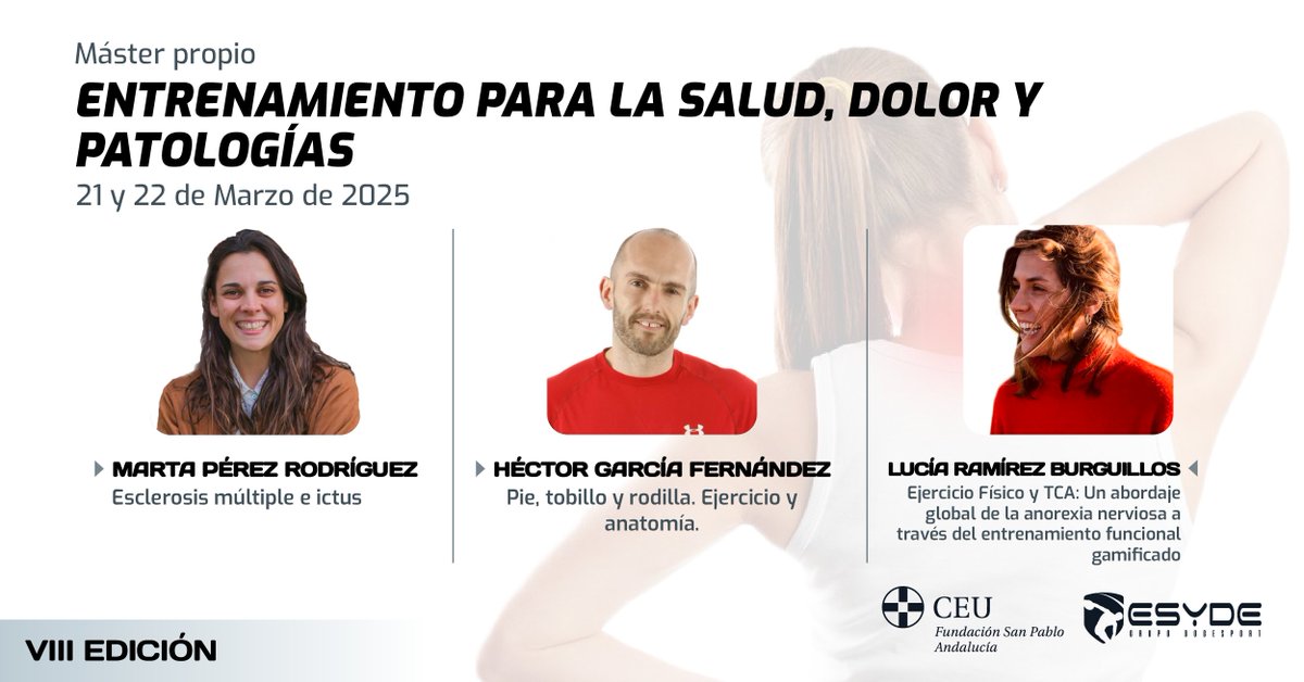 ESYDE_Formacion's tweet photo. Nuevo fin de semana de posgrados deportivos junto a @CEUAndalucia💪

#posgrado #masterdeportivo #entrenamiento #salud #readaptaciondeportiva #dolor #patologias #fisioterapia https://t.co/v5ZsafaSlS