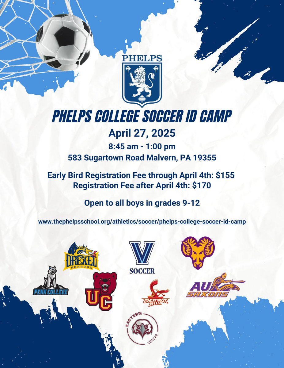 ThePhelpsSchool's tweet photo. Phelps is excited to announce our Spring 2025 Soccer ID Camp on April 27th, 2025. Early bird registration ends April 4th! Sign up here: https://t.co/ZtRVGTNN39 https://t.co/v9DcZghv7l