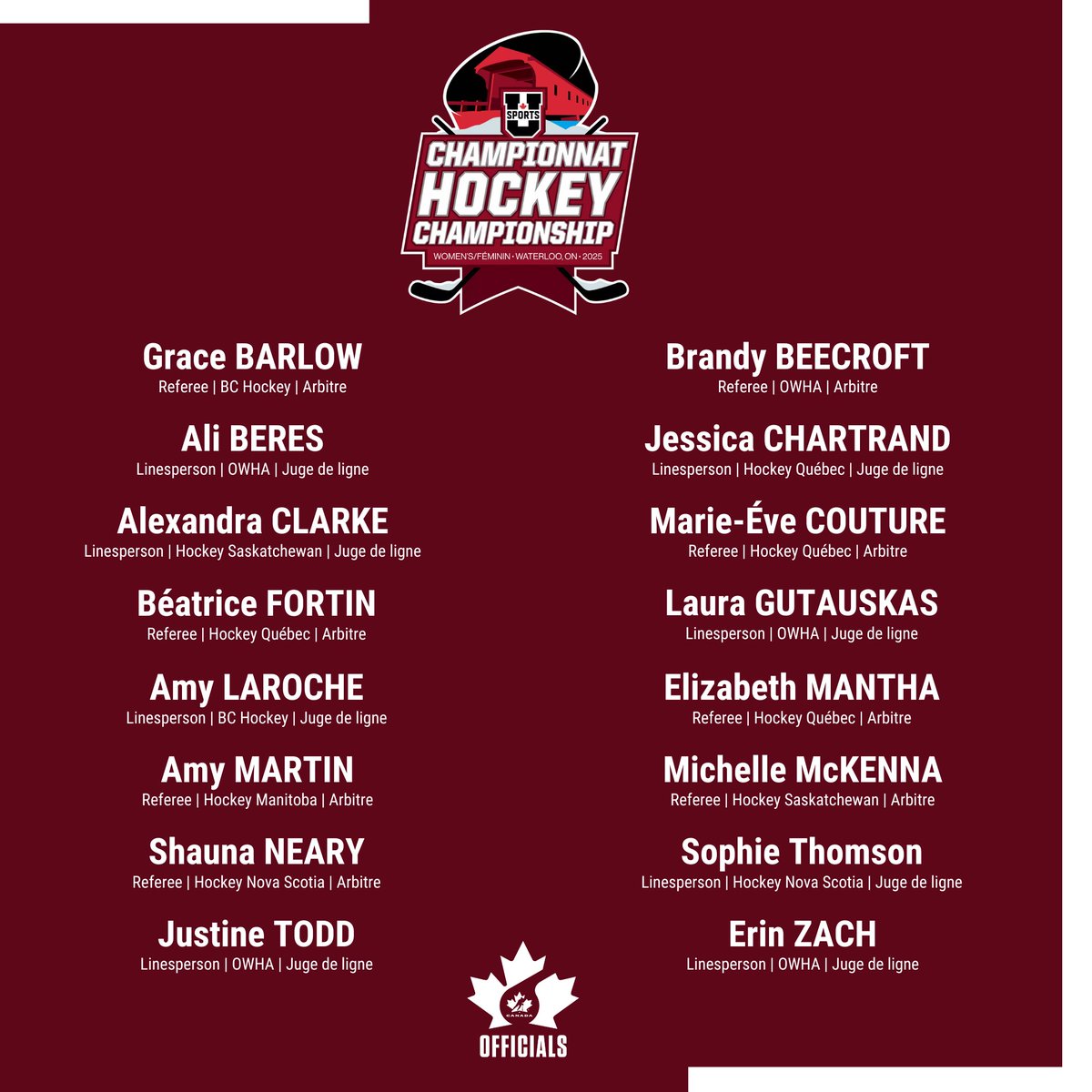 Congratulations to the officials selected for the USPORTS Women’s Hockey Championship! The tournament begins today in Elmira.

Félicitations aux officielles sélectionnées pour le Championnat de hockey féminin de l'USPORTS ! Le tournoi débute aujourd'hui à Elmira.