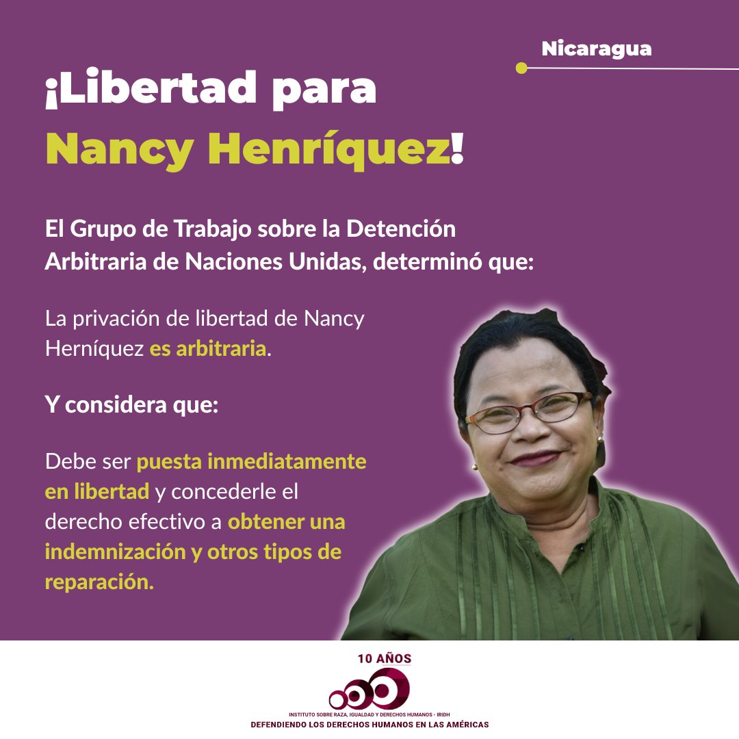 #Nicaragua 🇳🇮📢 ¡Libertad para Nancy Henríquez!
El Grupo de Trabajo sobre la Detención Arbitraria de <a href="/ONU_es/">Naciones Unidas</a> determinó que la privación de libertad de Nancy  Henríquez es arbitraria y pide su inmediata liberación.

📃 bit.ly/41NnkGm