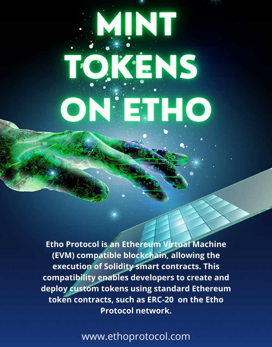 KaZaκ - Web 3.0 (@alx_kazak) on Twitter photo With <a href="/EthoProtocol/">Etho Protocol</a> you can now mint tokens directly on an Ethereum Virtual Machine (EVM)-compatible blockchain!
Etho Protocol empowers developers to create and deploy custom tokens, like ERC-20, using Solidity smart contracts on its network.
Whether you're building a new With <a href="/EthoProtocol/">Etho Protocol</a> you can now mint tokens directly on an Ethereum Virtual Machine (EVM)-compatible blockchain!
Etho Protocol empowers developers to create and deploy custom tokens, like ERC-20, using Solidity smart contracts on its network.
Whether you're building a new