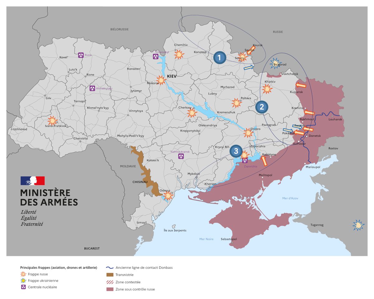 #Ukraine : Les forces armées russes (FAFR) sont à l’initiative sur les trois fronts et obtiennent des gains territoriaux limités mais réguliers.
• Les forces armées ukrainiennes (FAU) continuent de résister à la pression des FAFR qui multiplient les attaques dans de nombreux
