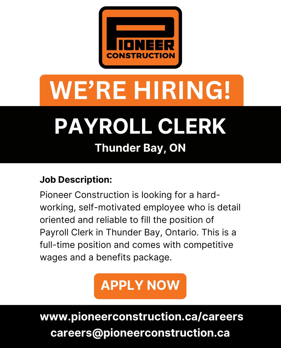 Pioneer Construction is looking for a hard-working, self-motivated employee who is detail-oriented and reliable to fill the position of Payroll Clerk in Thunder Bay, Ontario.

To apply visit pioneerconstruction.ca/career/payroll… or send your resume to careers@pioneerconstruction.com