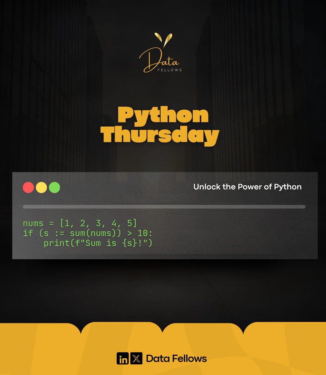 DatafellowsInfo's tweet image. Python Tip of the Day!

Python 3.9 introduced the walrus operator (:=) for cleaner and more efficient code. Look at the image below to see how it works👇🏾

What’s your favorite Python trick? 🤔💡

#PythonThursday #CodeBetter #PythonTips