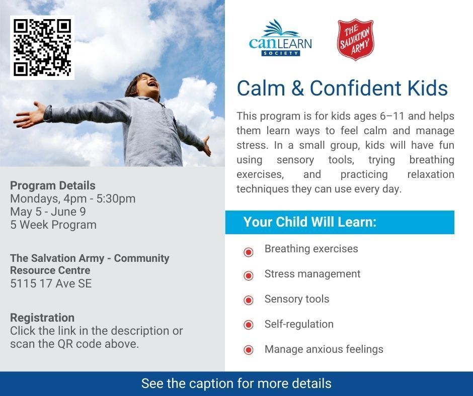 New Spring Program Alert! 🚨 We’re excited to launch Calm &amp; Confident Kids, a fun, hands-on program in partnership with The Salvation Army Community Resource Centre.

Limited spots available—register now ➡️ buff.ly/f8EMlXV