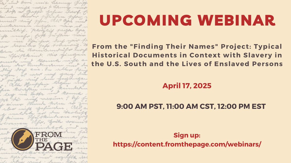 On April 17, 2025, join Will Stanier from the University of Georgia for a webinar about analyzing documents of institutionalized slavery. The webinar is at 12:00 PM EST, 11:00 AM CST, and 9:00 AM PST. 

Sign up here: buff.ly/ZTUaWok