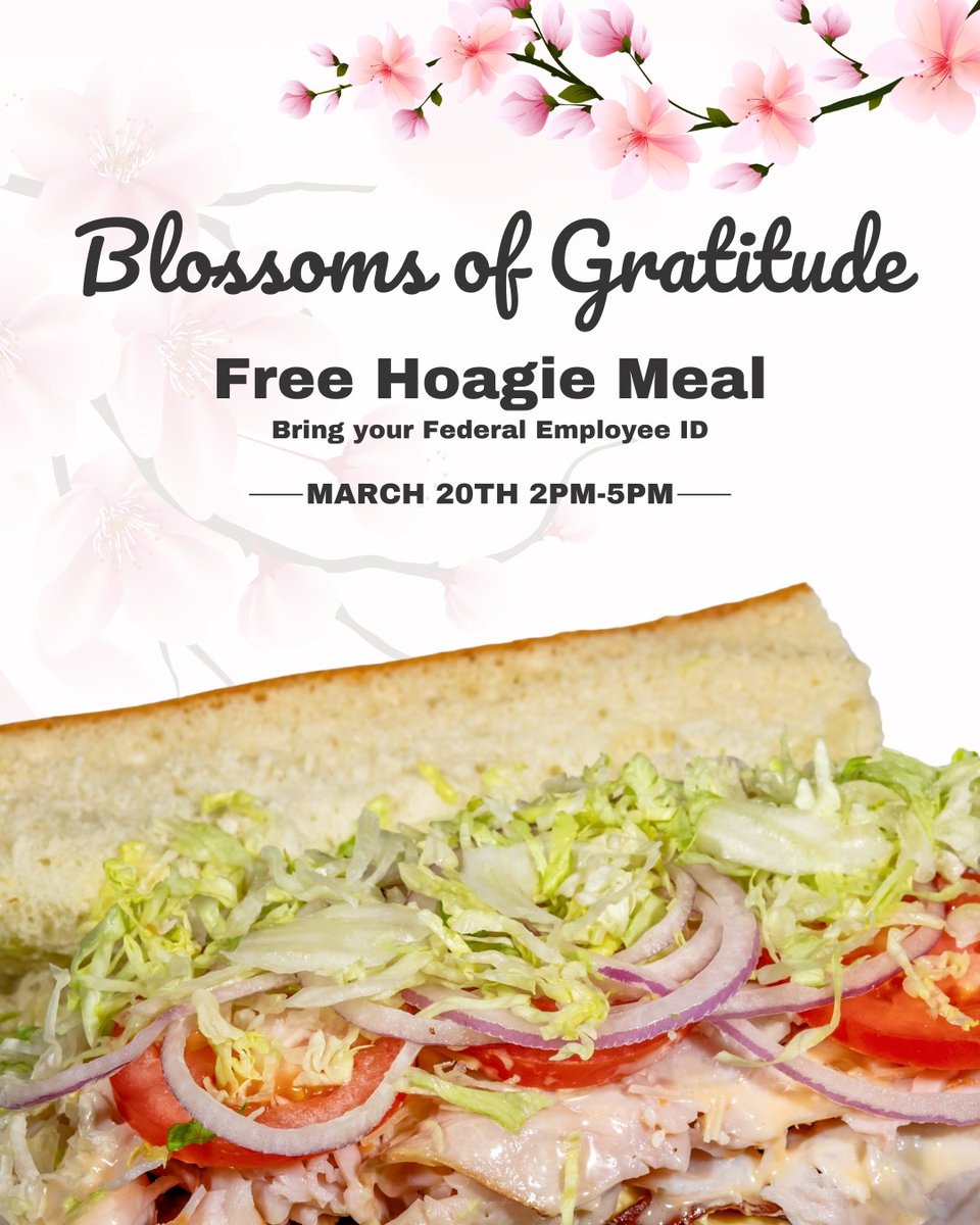 TaylorGourmet's tweet photo. ✨ FREE Hoagie Meal for Federal Employees! Today from 2 PM-5PM!

Stop by and show your federal employment ID to receive a free hoagie meal - 1/2 of a California Ave or Italian Hoagie paired with a drink.
Let us pass on kindness to welcome Spring! 🌼

#BlossomsofGratitude https://t.co/Ji0ffXjgjK