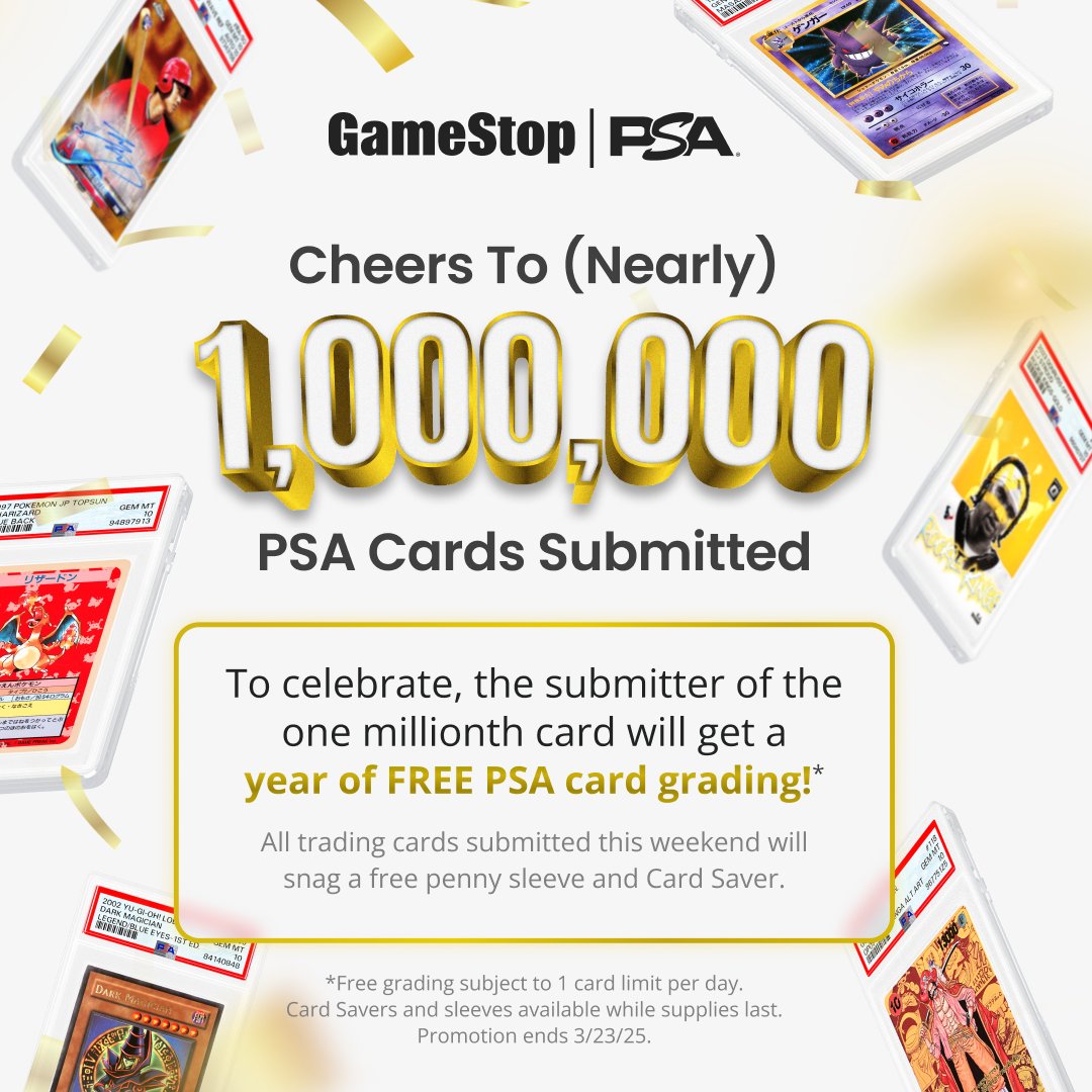 We’re hitting 1,000,000 <a href="/PSAcard/">PSAcard</a> submissions at GameStop 🥳

Submit the millionth card for a YEAR of FREE PSA grading on us!