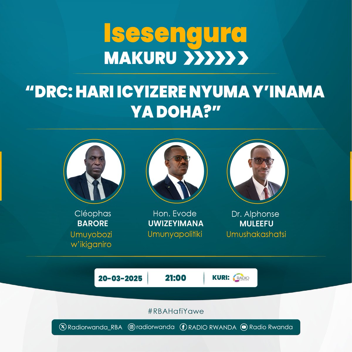 Rwanda Broadcasting Agency (RBA) (@rbarwanda) on Twitter photo DRC: Hari icyizere nyuma y'inama yahurije Perezida Kagame na Félix Tshisekedi i Doha?
Ntucikwe n'Ikiganiro #IsesenguraMakuru gitambuka kuri <a href="/Radiorwanda_RBA/">RADIO RWANDA</a> kuri uyu wa Kane. #RBAAmakuru DRC: Hari icyizere nyuma y'inama yahurije Perezida Kagame na Félix Tshisekedi i Doha?
Ntucikwe n'Ikiganiro #IsesenguraMakuru gitambuka kuri <a href="/Radiorwanda_RBA/">RADIO RWANDA</a> kuri uyu wa Kane. #RBAAmakuru