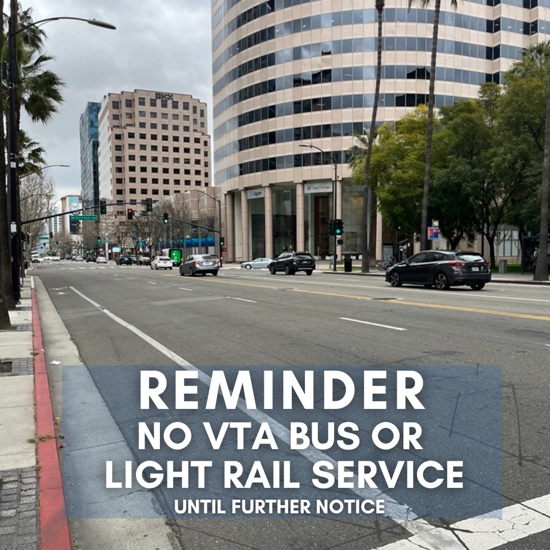 No bus or light rail service due to an ongoing union strike. The streets feel it too. Use the Transit app to find alternate routes. For more information visit our website vta.org.