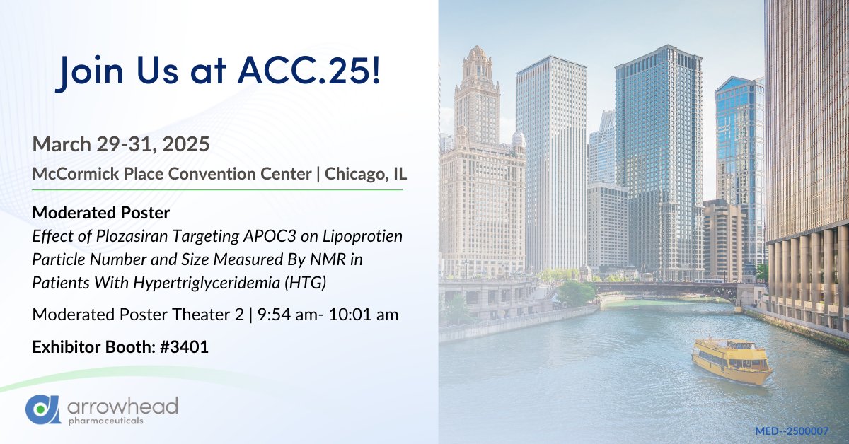 ArrowheadPharma (@arrowheadpharma) on Twitter photo Save the Date: March 29 at #ACC25. Join us for our moderated poster presentation and visit Booth 3041 to explore how our innovative #RNAi therapy may advance the future of #CardiovascularDisease treatment. We look forward to seeing you in Chicago! <a href="/ACCinTouch/">American College of Cardiology</a> Save the Date: March 29 at #ACC25. Join us for our moderated poster presentation and visit Booth 3041 to explore how our innovative #RNAi therapy may advance the future of #CardiovascularDisease treatment. We look forward to seeing you in Chicago! <a href="/ACCinTouch/">American College of Cardiology</a>