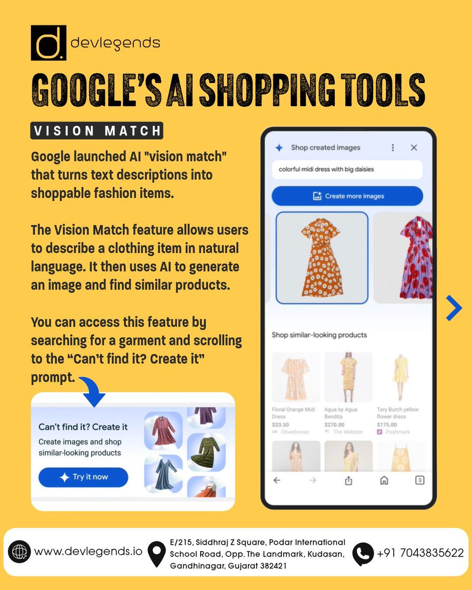 devlegendstech's tweet image. #GoogleShopping just got an #AI-driven update! 🛒✨ This means smarter product recommendations, better #searchresults, and a more personalised #shopping experience for your customers👉 bit.ly/4inXHTn 
Contact us today!
☎️ +91-7043835622
📩 info@devlegends.co.in