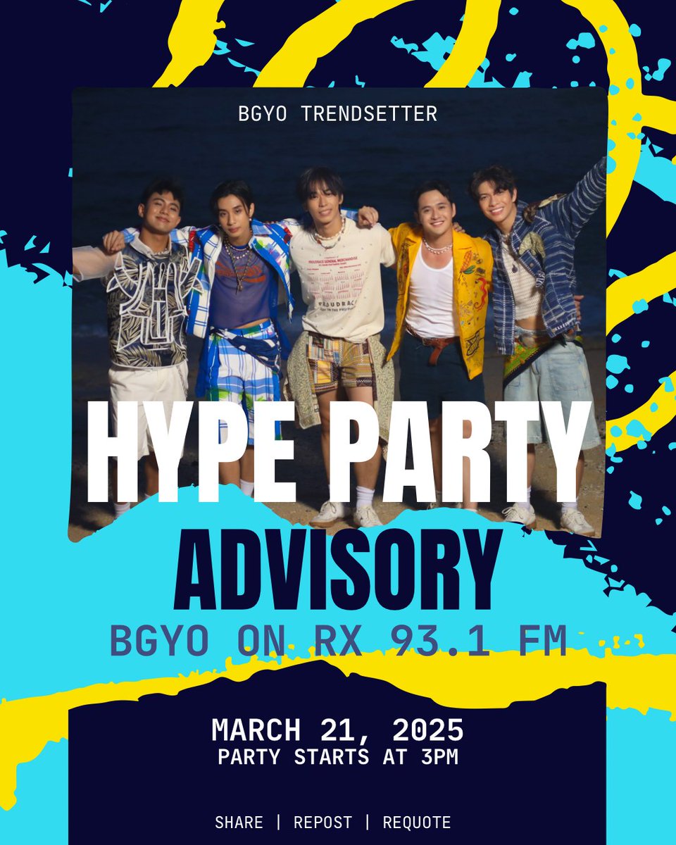 BGYOtrendsofc's tweet photo. HYPE PARTY ADVISORY
And so we continue to spread the divine energy through the metro air waves!
Join us later at 3PM as we go #AllOut and start the hype with DJ Rico Robles on @RX931!
#BGYO_EPTour
#BGYO @bgyo_ph https://t.co/lYDSpQMHcl