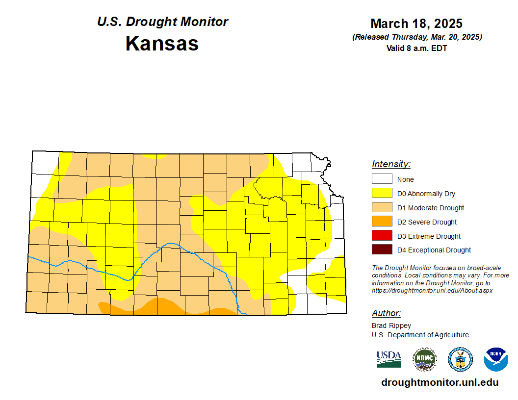 kswateroffice's tweet photo. Weekly #ksdrought monitor: Central and southwest Kansas seeing D1 conditions. D2 conditions appearing in south central Kansas. D0 conditions continuing to cover much of the rest of the state. #kswater https://t.co/87pva5RMuf