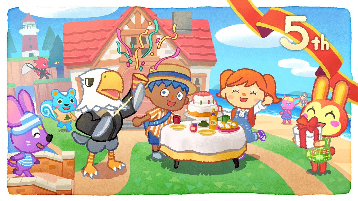 ACWorldBlog's tweet photo. It's been FIVE years -- happy birthday to Animal Crossing: New Horizons! 🎉 Nintendo shared this festive new artwork to celebrate. What's your best memory? https://t.co/ut3RouIYQj