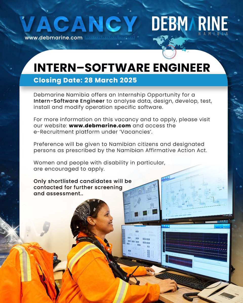 DebmarineN's tweet photo. We are hiring!!!

Join our team: Intern Software Engineer
Due Date: 28 March 2025
Please visit our website for more information: https://t.co/NJfNTTB5Vn

#DebmarineNamibia #hiring #vacancy https://t.co/gsrQn4vWwo
