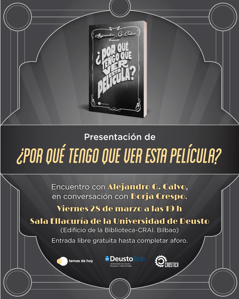 Tracking Bilbao (@tracking_bilbao) on Twitter photo ¡Albricias! El viernes 28 de marzo acompañaremos al gran <a href="/AlejandroGCalvo/">Alejandro G.Calvo</a> en la presentación de su nuevo libro ¿Por qué tengo que ver esta película? en un nutritivo encuentro junto a <a href="/ElTioCreespy/">Borja Crespo</a> a las 19:00 h. en la Sala Ellacuría de la Universidad de Deusto. Entrada gratuita. ¡Albricias! El viernes 28 de marzo acompañaremos al gran <a href="/AlejandroGCalvo/">Alejandro G.Calvo</a> en la presentación de su nuevo libro ¿Por qué tengo que ver esta película? en un nutritivo encuentro junto a <a href="/ElTioCreespy/">Borja Crespo</a> a las 19:00 h. en la Sala Ellacuría de la Universidad de Deusto. Entrada gratuita.