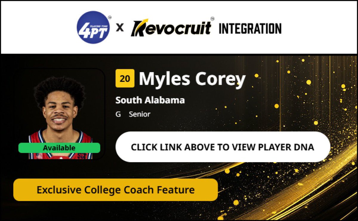 Transfer Portal for Playing Time (@tp4pt) on Twitter photo CBB Transfer Portal Spotlight
Myles Corey
6'0" 185
Guard
South Alabama 
2024-25 Stats (32 Games):
📊 13.8 PPG, 2.4 RPG, 4.3 APG, 43.0 FG%
Coach Exclusive Revocruit Player DNA:
🔗 applink.revocruitathlete.com/player/68222
#TP4PT #TransferPortal CBB Transfer Portal Spotlight
Myles Corey
6'0" 185
Guard
South Alabama 
2024-25 Stats (32 Games):
📊 13.8 PPG, 2.4 RPG, 4.3 APG, 43.0 FG%
Coach Exclusive Revocruit Player DNA:
🔗 applink.revocruitathlete.com/player/68222
#TP4PT #TransferPortal