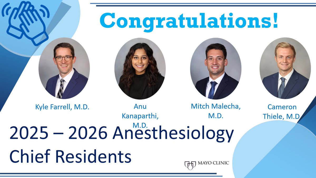 MayoAnesthesiaResMN (@mayoanesres) on Twitter photo Congratulations to our amazing new Chief Residents for 2025-2026!!
👏 Dr. Kyle Farrell
👏 Dr. Anu Kanaparthi
👏 Dr. <a href="/MitchMalecha/">Mitch Malecha</a>
👏 Dr. Cameron Thiele
<a href="/MayoAnesthesia/">Mayo Clinic Department of Anesthesiology</a> Congratulations to our amazing new Chief Residents for 2025-2026!!
👏 Dr. Kyle Farrell
👏 Dr. Anu Kanaparthi
👏 Dr. <a href="/MitchMalecha/">Mitch Malecha</a>
👏 Dr. Cameron Thiele
<a href="/MayoAnesthesia/">Mayo Clinic Department of Anesthesiology</a>